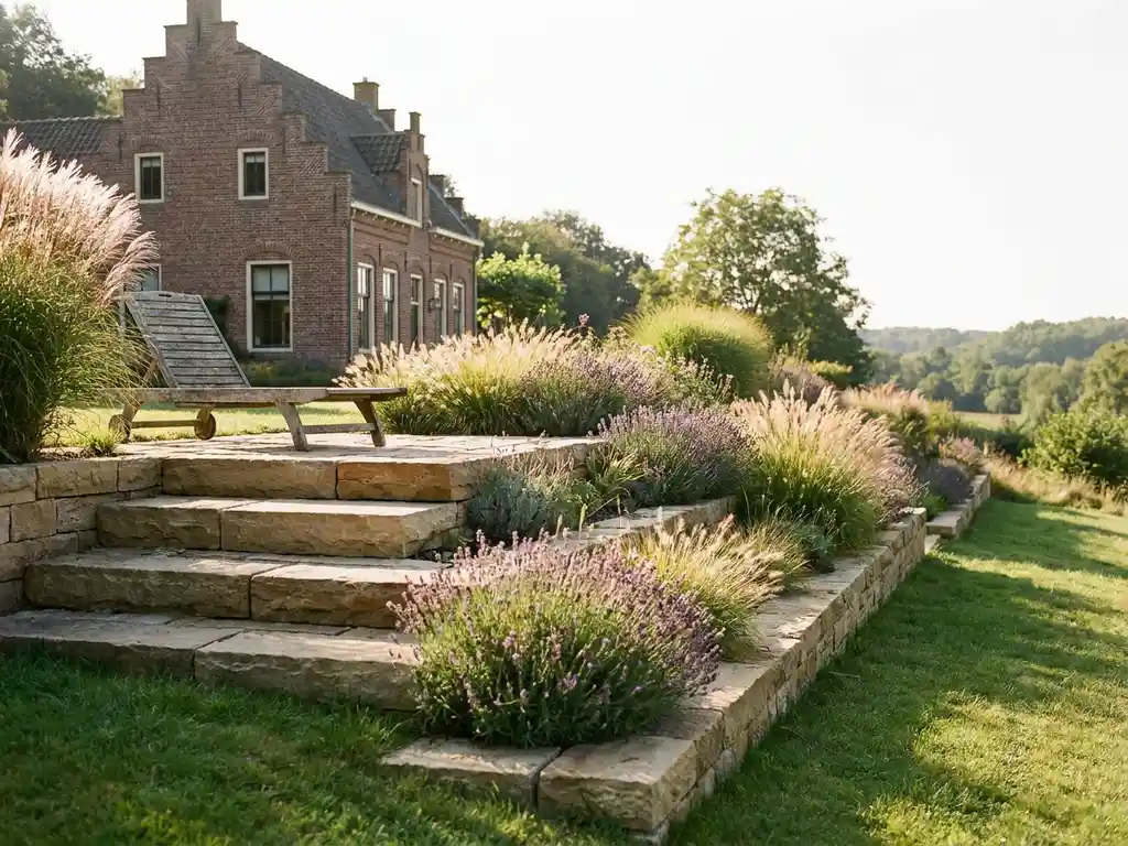 Getrapte stenen terrassen langs een groene helling bij een klassieke Nederlandse bakstenen woning, met siergras, lavendel en een houten ligstoel in middagzon.