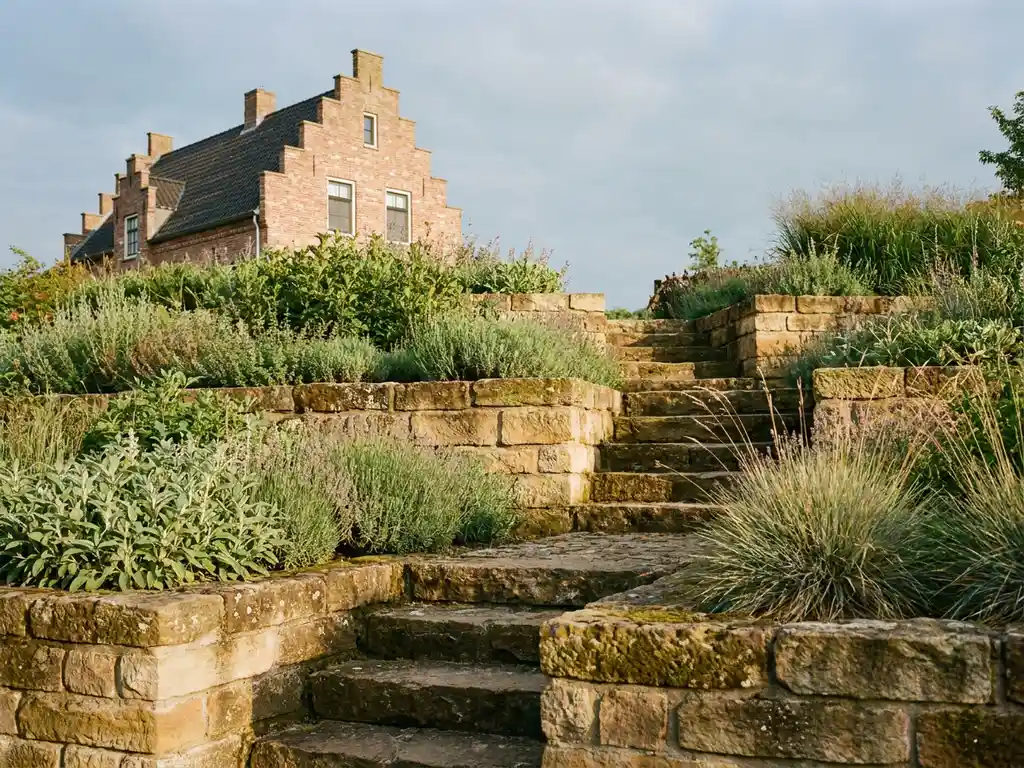 Getrapte tuin met stenen keermuren, weelderige beplanting en natuurstenen trap langs een hellend perceel bij een Nederlandse woning.