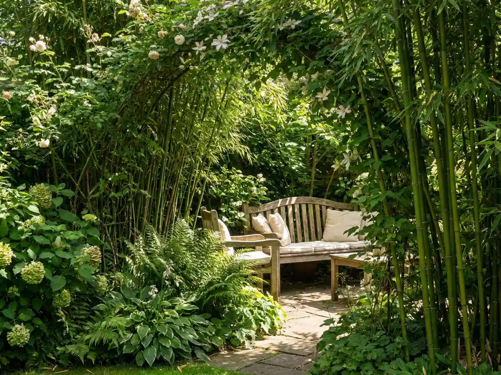 Weelderige tuin met bamboehagen en klimplanten als natuurlijk privacyscherm, houten bank in beschutte zithoek met gefilterd zonlicht.