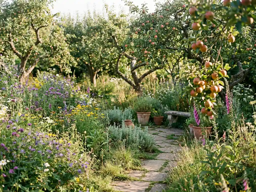 Weelderige cottagetuin met bloemenranden en rijpe appelbomen langs een stenen pad in warm middagzonlicht.