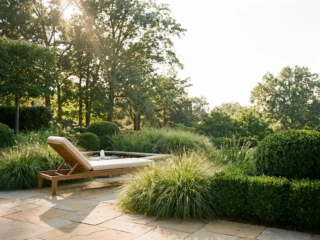 Privétuin met natuurstenen terras, houten ligstoel, siergrasssen en waterpartij in zacht middaglicht.
