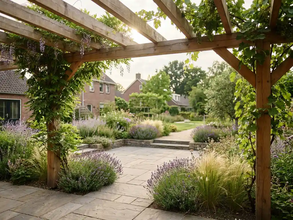 Houten pergola begroeid met klimplanten boven een stenen terras, omgeven door borders met lavendel en siergras in een Nederlandse tuin.