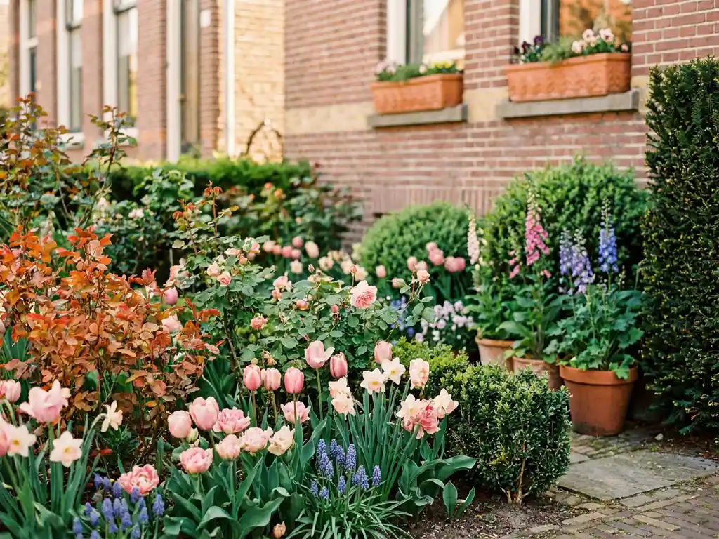 Weelderige tuinborder met voorjaarsbollen, vaste planten en herfststruiken voor een Nederlandse bakstenen woning in warm daglicht.