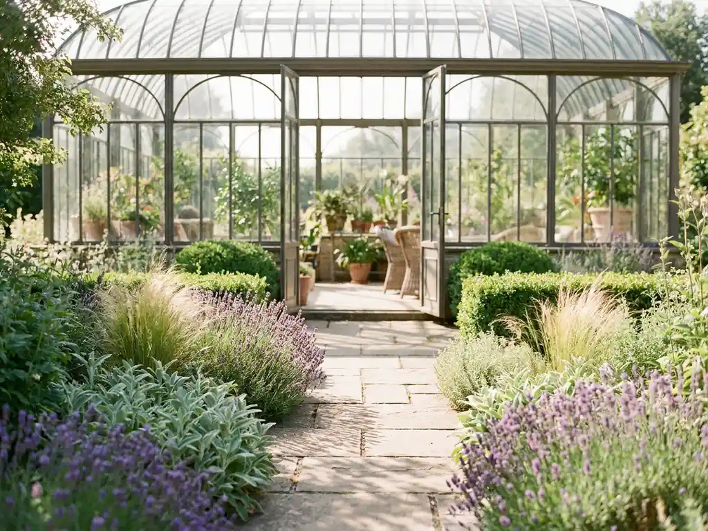Weelderige tuinborders met siergras en gesnoeide hagen langs een slingerende stenen pad naar een glazen serre.
