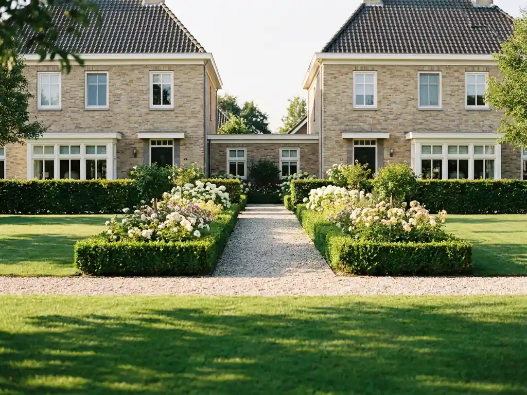 Symmetrische voortuin van een dubbele woonwoning met grindpad, geschoren buxushaagen en bloeiende vaste planten in warm daglicht.