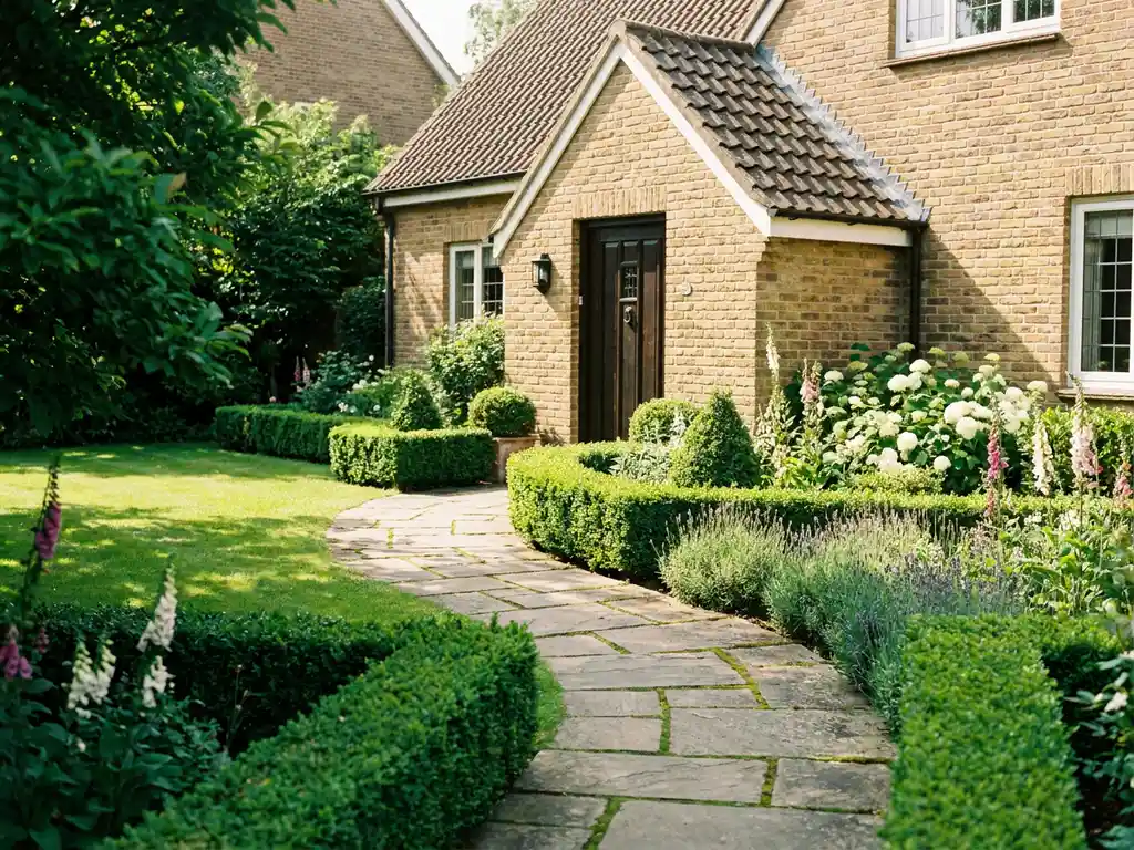 Verzorgde voortuin met gesnoeide buxushagen en stenen pad naar een Nederlandse woning, omzoomd door lavendel en witte bloemen in middagzon.