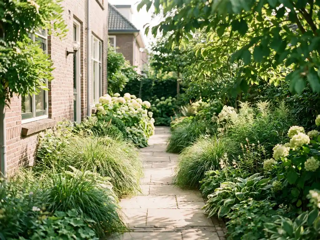 Smal zijtuinpad langs Nederlandse woning met borders van vaste planten, siergras en bloeiende struiken op natuurstenen tegels.