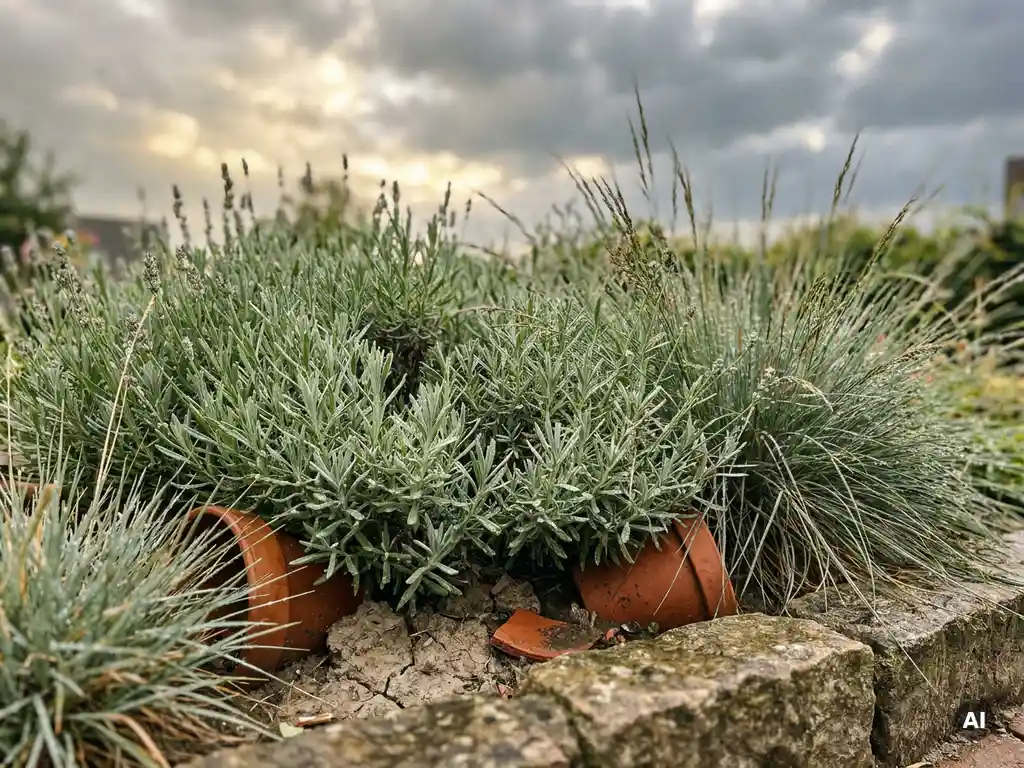Lavendel en siergras met regendruppels op zilvergroene bladeren in een Nederlandse tuin met gebarsten droge grond en stenen border.