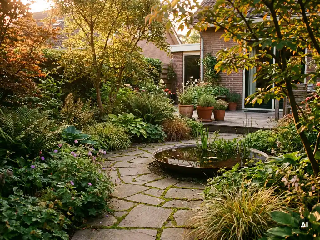 Nederlandstalige regentuin met inheemse planten, doorlatende stenen paden en een regenwaterbassin in warm middaglicht.