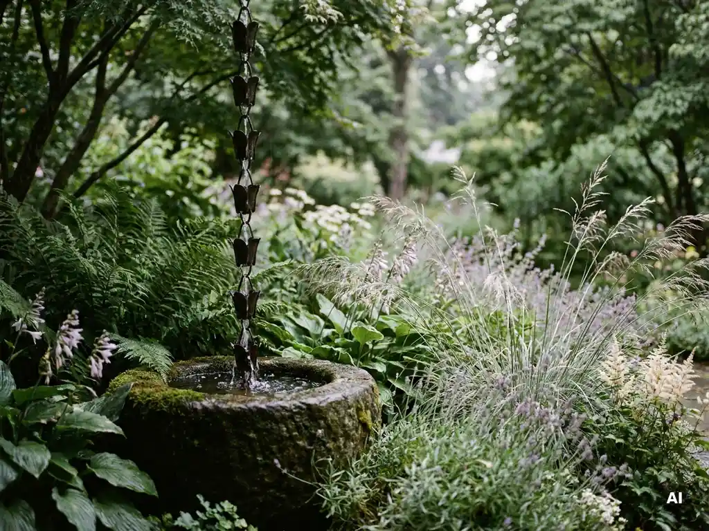 Regenketting die water laat stromen in een bemost stenen bassin, omgeven door siergras en vaste planten in een verzorgde tuin.