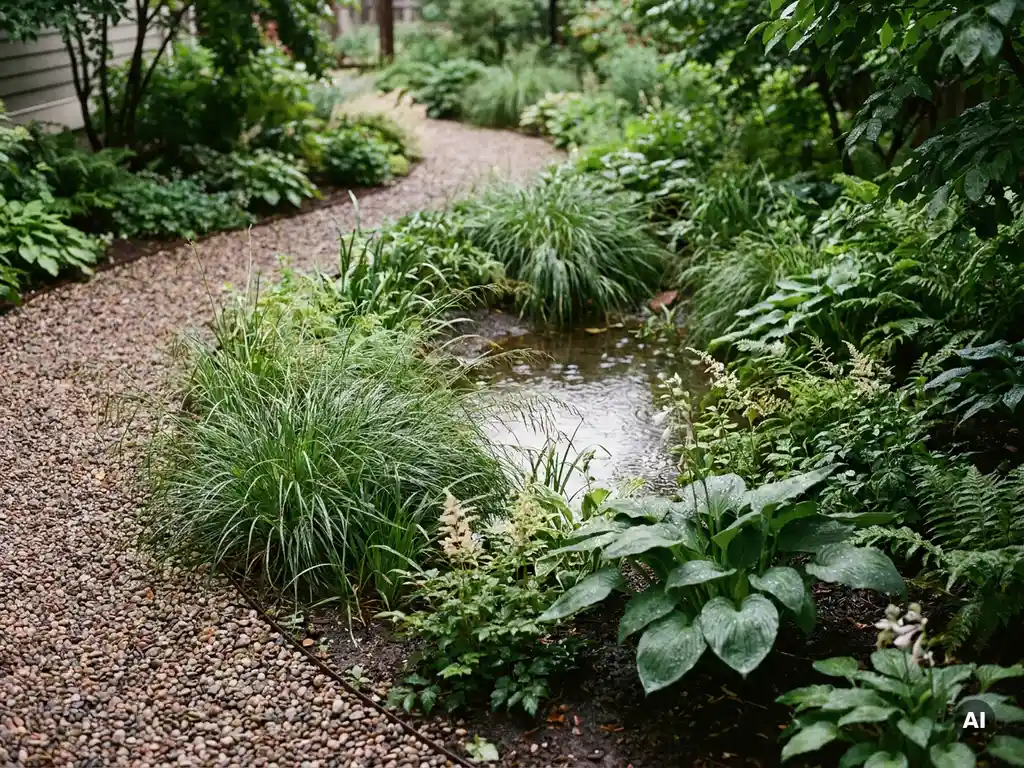 Privétuin met natuurlijke regenwaterbuffer omgeven door siergras en waterplanten, regendruppels op brede groene bladeren, grindpad op de voorgrond.