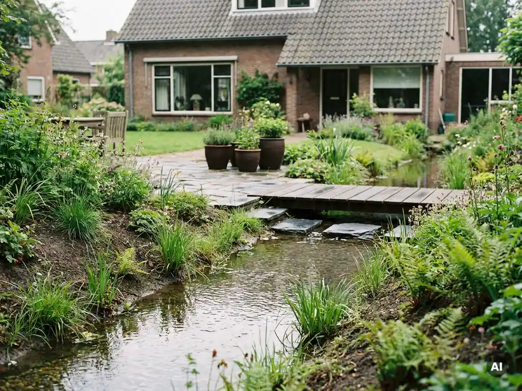 Wadi-geul met helder regenwater tussen inheemse planten en siergras in een Nederlandse tuin, woonhuis op de achtergrond.