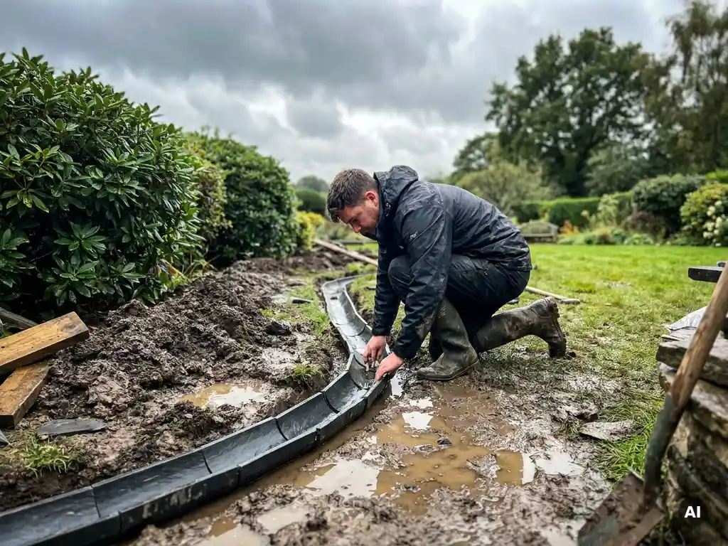 Vakman legt gebogen drainagekanaal aan in wateroverlast tuin met plassen, omgewoelde donkere grond en volwassen hagen op bewolkte dag.