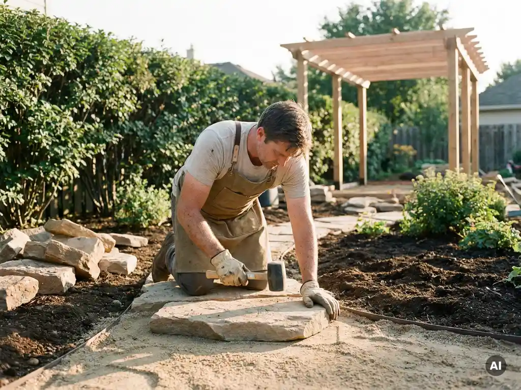 Tuinier legt natuurstenen tegels in een zandbed, omgeven door donkere tuinaarde, groene heg en houten terrasframe op de achtergrond.