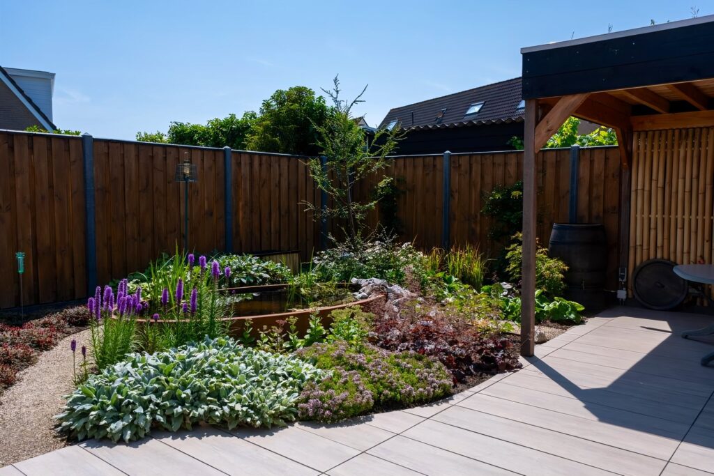 Achtertuin in Arnhem met verhoogde vijver, vaste planten en houten overkapping